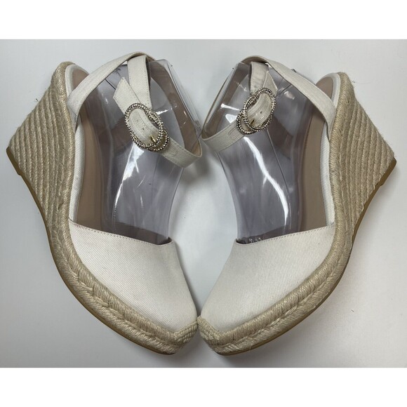Stuart Weitzman Canvas Wedge Espadrilles In Cream W/Crystal Buckle Sz 10.5 New - Picture 6 of 12